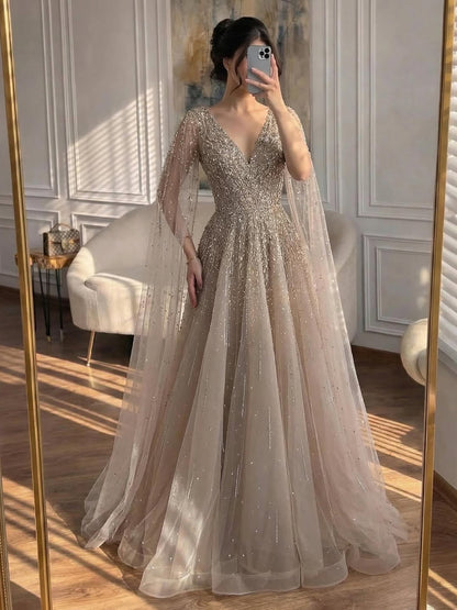 Luxury Caramel Dubai Evening Dress with Cape LA73269
