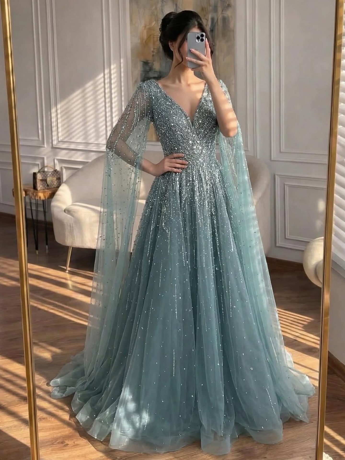 Luxury Caramel Dubai Evening Dress with Cape LA73269