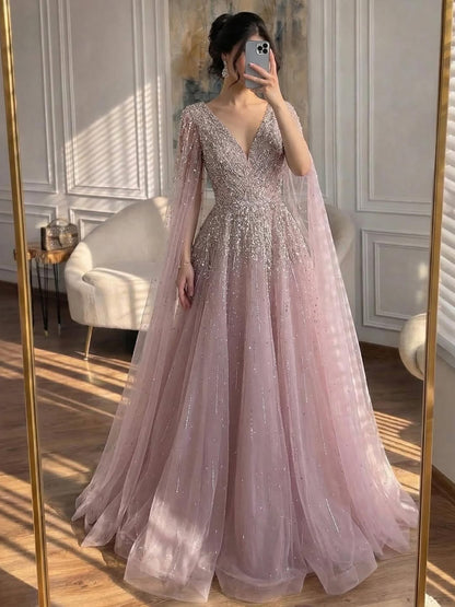 Luxury Caramel Dubai Evening Dress with Cape LA73269
