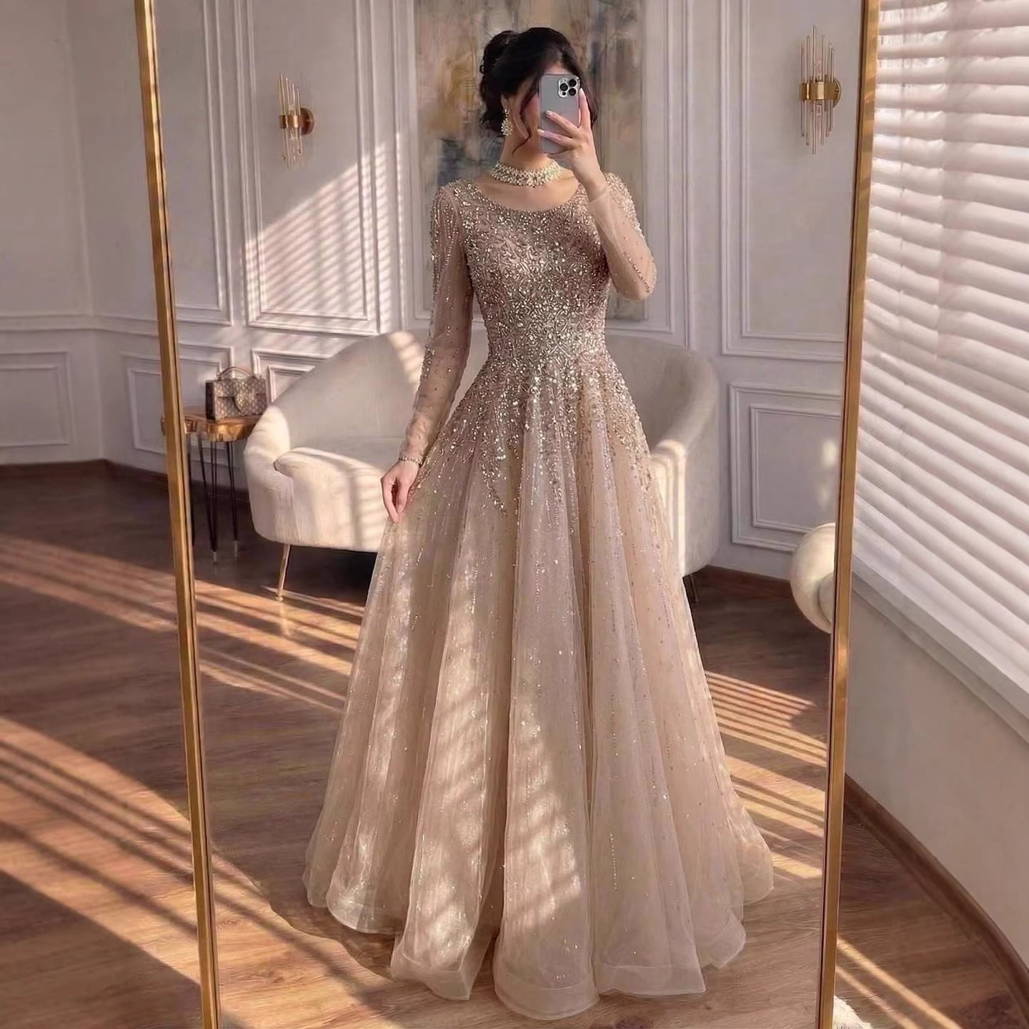 Luxury Nude Long Sleeve Illusion Beaded A-Line Evening Dress LA73269A - SERENE  HILL