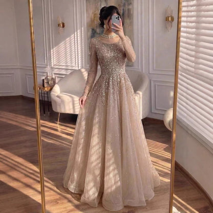 Luxury Nude Long Sleeve Illusion Beaded A-Line Evening Dress LA73269A - SERENE  HILL