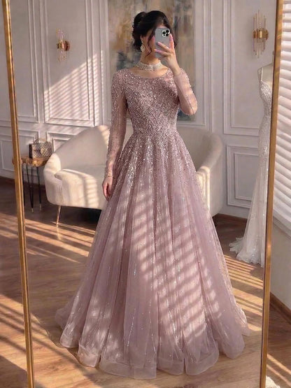 Luxury Nude Long Sleeve Illusion Beaded A-Line Evening Dress LA73269A - SERENE  HILL