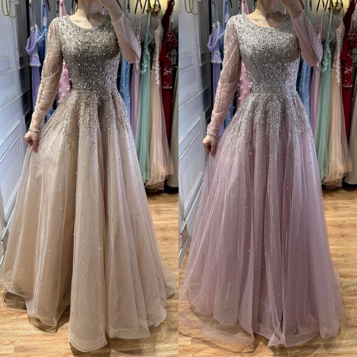 Luxury Nude Long Sleeve Illusion Beaded A-Line Evening Dress LA73269A - SERENE  HILL