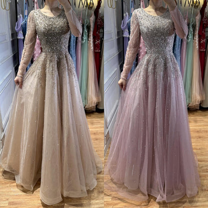 Luxury Nude Long Sleeve Illusion Beaded A-Line Evening Dress LA73269A - SERENE  HILL