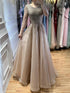 Luxury Nude Long Sleeve Illusion Beaded A-Line Evening Dress LA73269A - SERENE  HILL