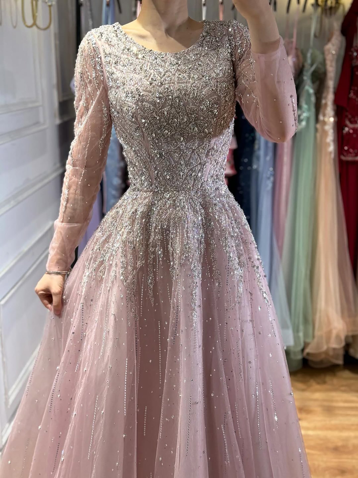 Luxury Nude Long Sleeve Illusion Beaded A-Line Evening Dress LA73269A - SERENE  HILL