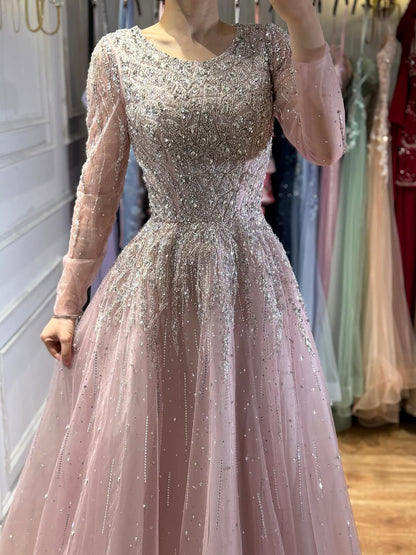 Luxury Nude Long Sleeve Illusion Beaded A-Line Evening Dress LA73269A - SERENE  HILL