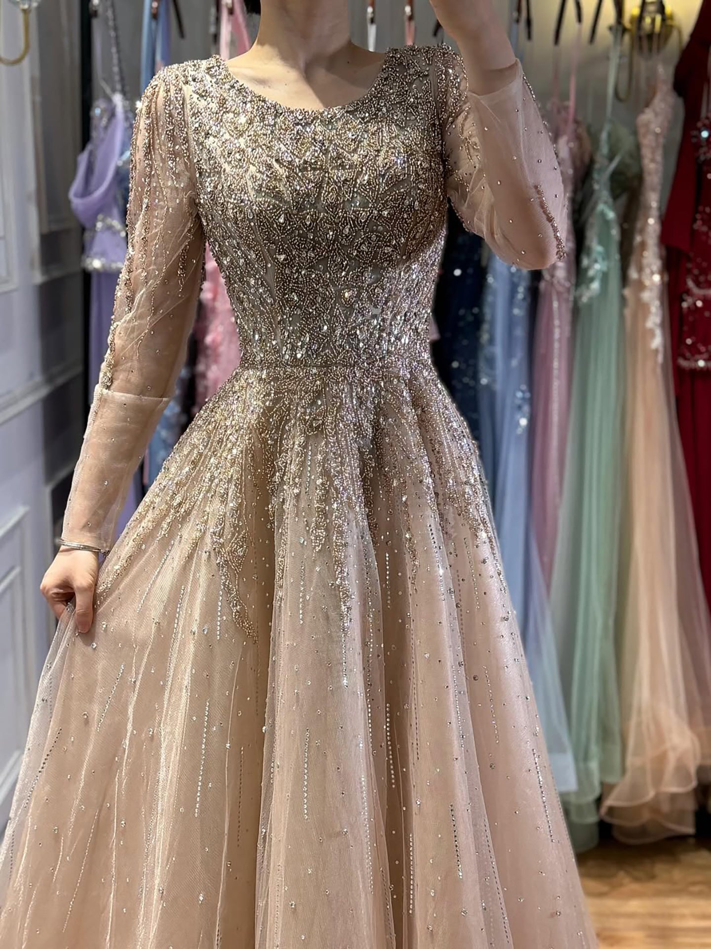Luxury Nude Long Sleeve Illusion Beaded A-Line Evening Dress LA73269A - SERENE  HILL