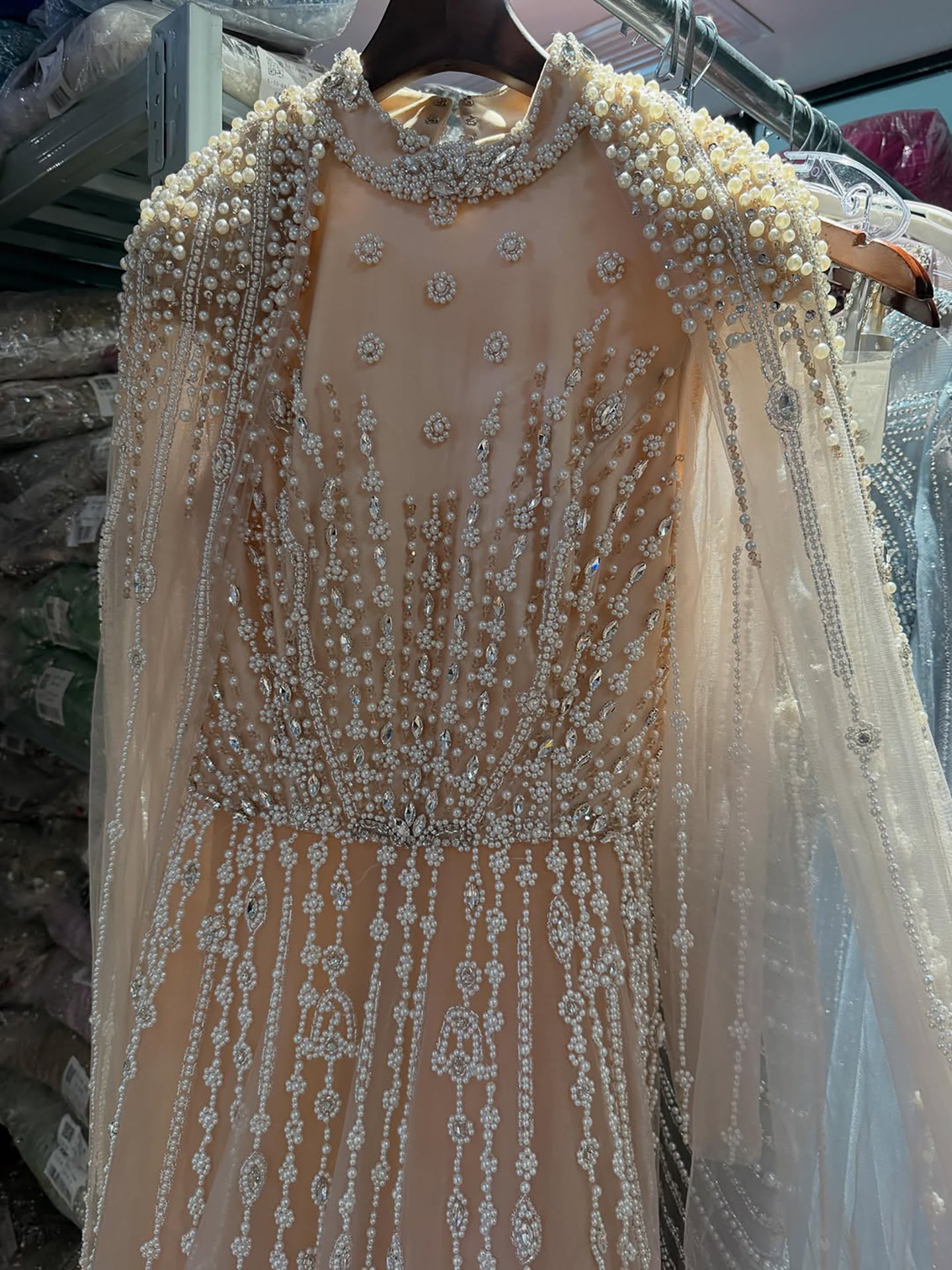 Luxury Nude Muslin Modest Beaded Evening Dress with Cape LA73271 SERENE HILL