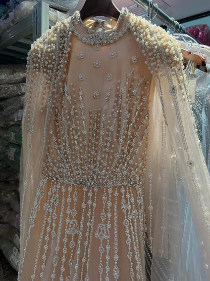 Luxury Nude Muslin Modest Beaded Evening Dress with Cape LA73271 SERENE HILL