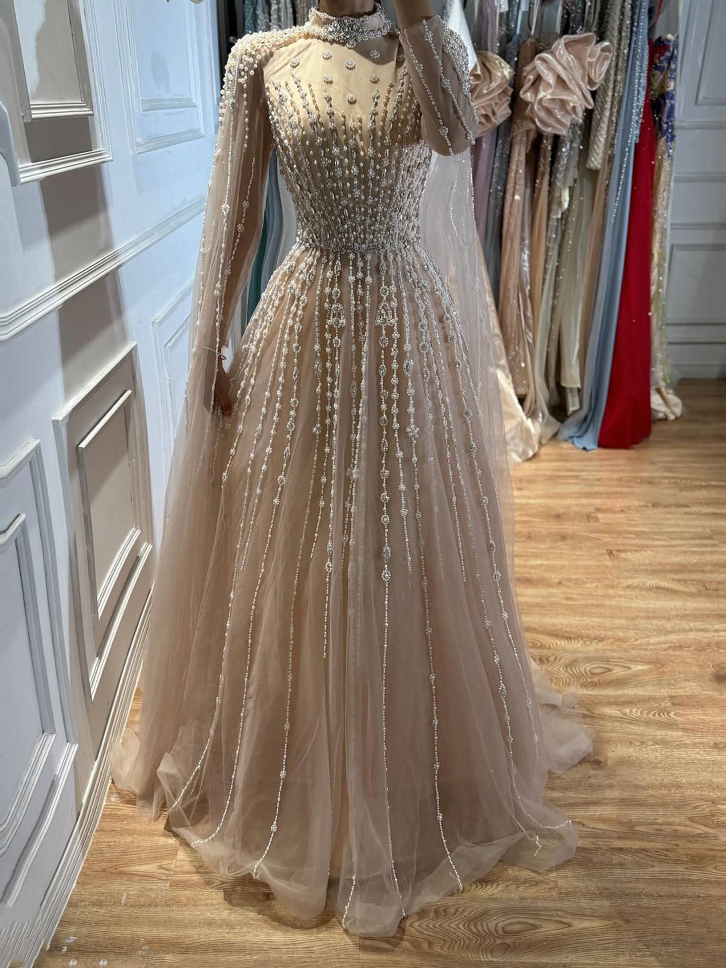 Luxury Nude Muslin Modest Beaded Evening Dress with Cape LA73271 SERENE HILL