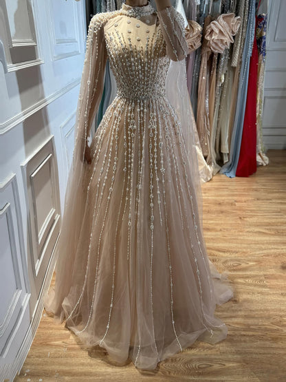 Luxury Nude Muslin Modest Beaded Evening Dress with Cape LA73271 SERENE HILL