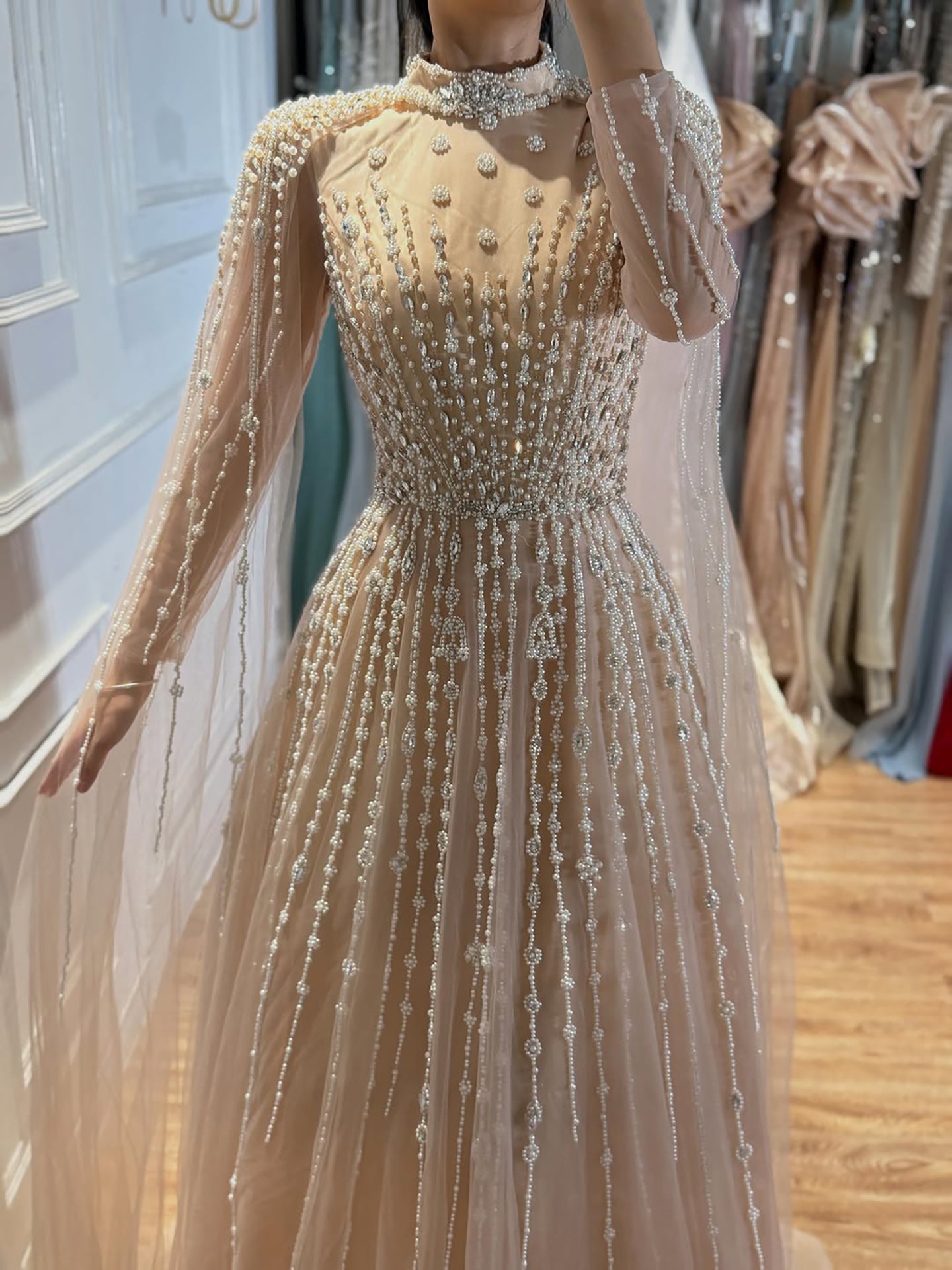 Luxury Nude Muslin Modest Beaded Evening Dress with Cape LA73271 SERENE HILL