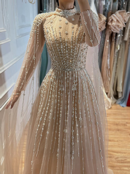 Luxury Nude Muslin Modest Beaded Evening Dress with Cape LA73271 SERENE HILL
