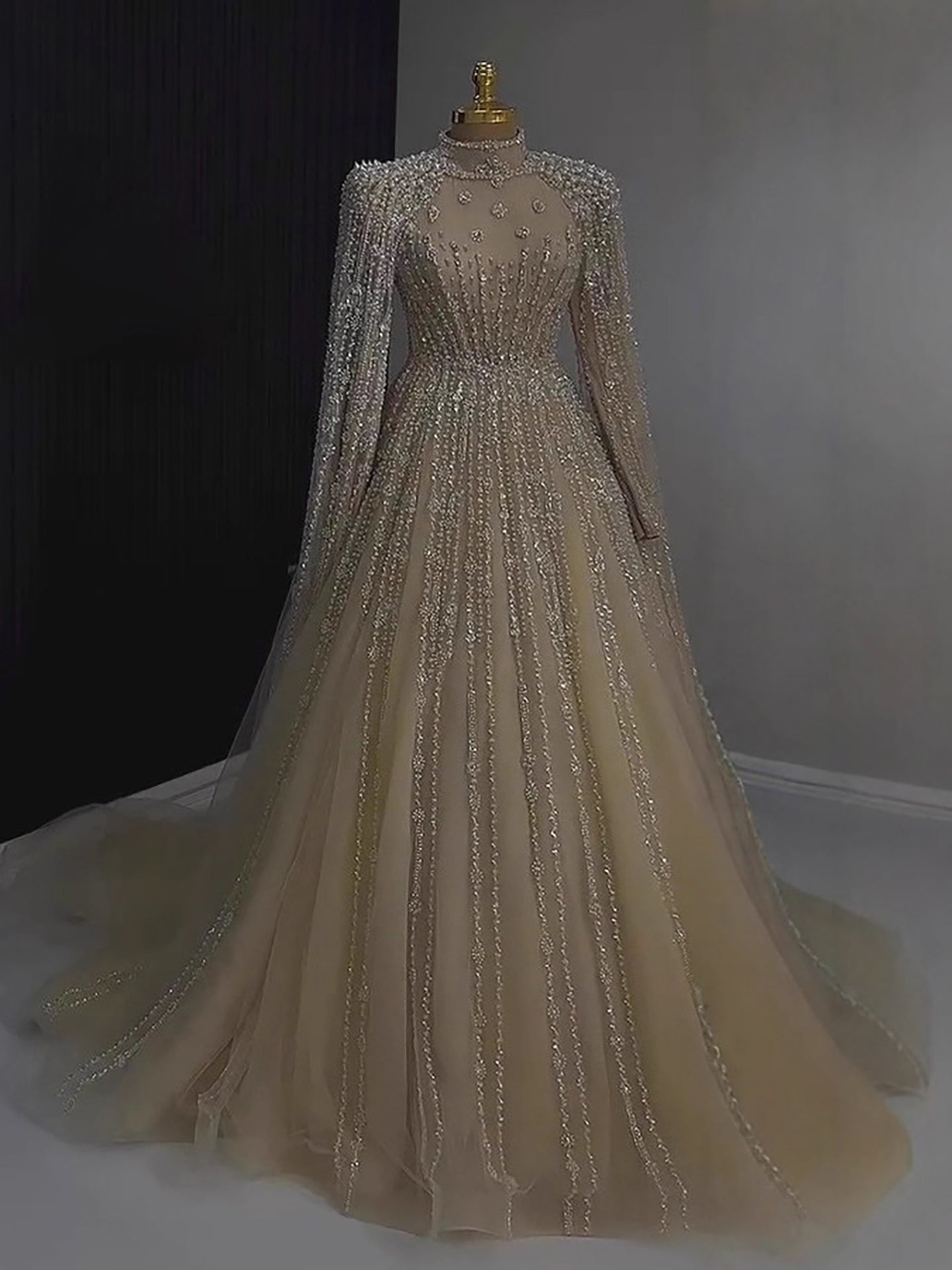 Luxury Nude Muslin Modest Beaded Evening Dress with Cape LA73271 SERENE HILL