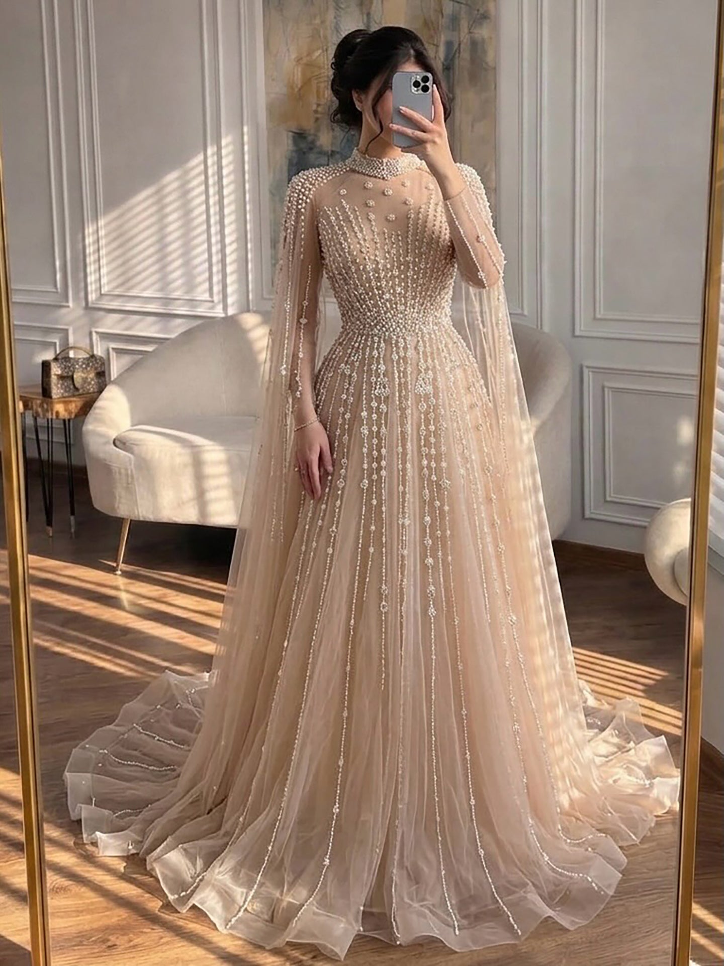Luxury Nude Muslin Modest Beaded Evening Dress with Cape LA73271 SERENE HILL