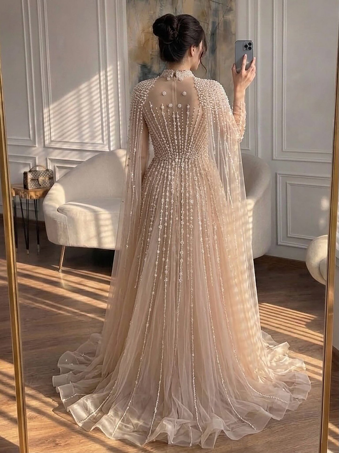 Luxury Nude Muslin Modest Beaded Evening Dress with Cape LA73271 SERENE HILL