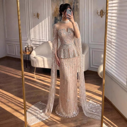 Luxury Nude Dubai Crystal Beaded Evening Dress with Cape LA73274 - SERENE  HILL