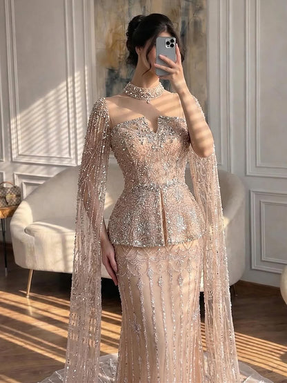 Luxury Nude Dubai Crystal Beaded Evening Dress with Cape LA73274 - SERENE  HILL