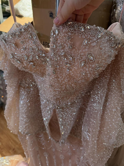 Luxury Nude Dubai Crystal Beaded Evening Dress with Cape LA73274 - SERENE  HILL