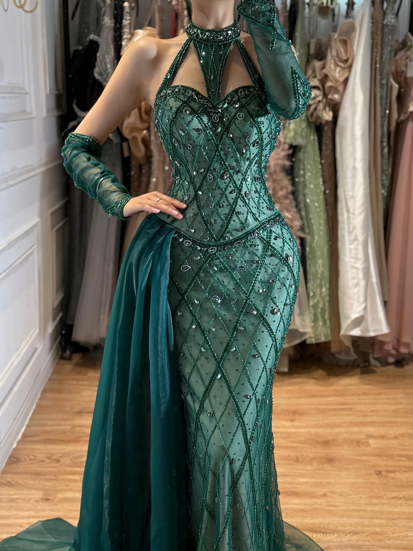Luxury Green Halter Beaded Dubai Corset Evening Dress LA73322 SERENE HILL