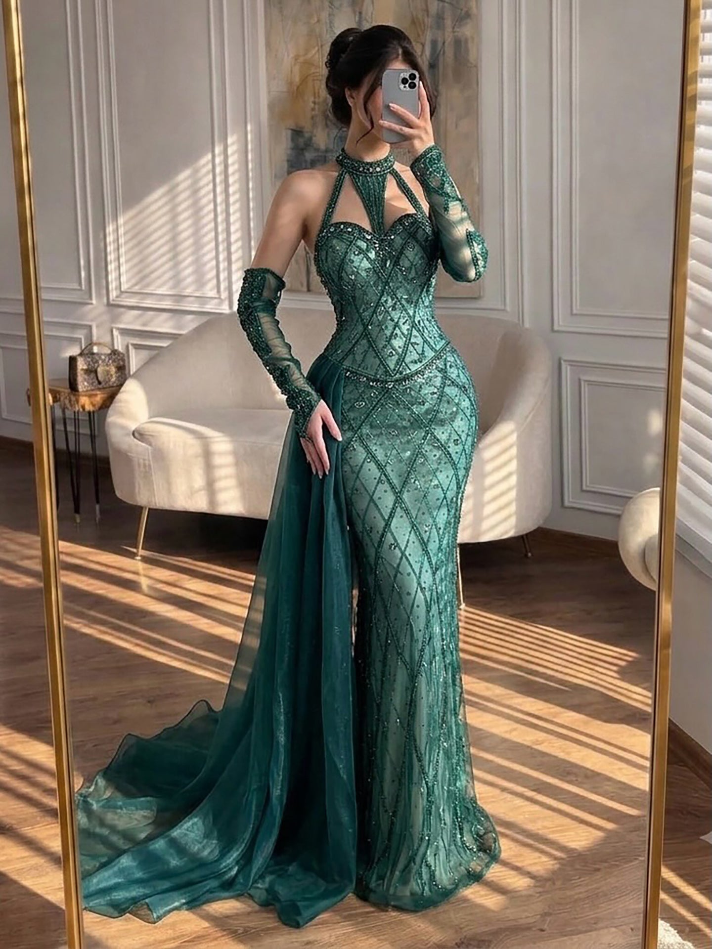 Luxury Green Halter Beaded Dubai Corset Evening Dress LA73322 SERENE HILL