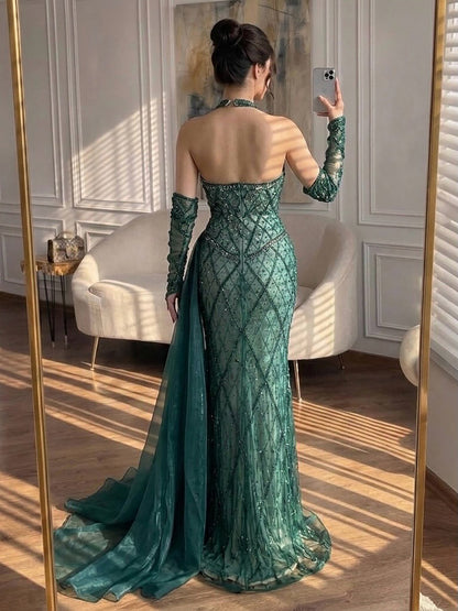 Luxury Green Halter Beaded Dubai Corset Evening Dress LA73322 SERENE HILL