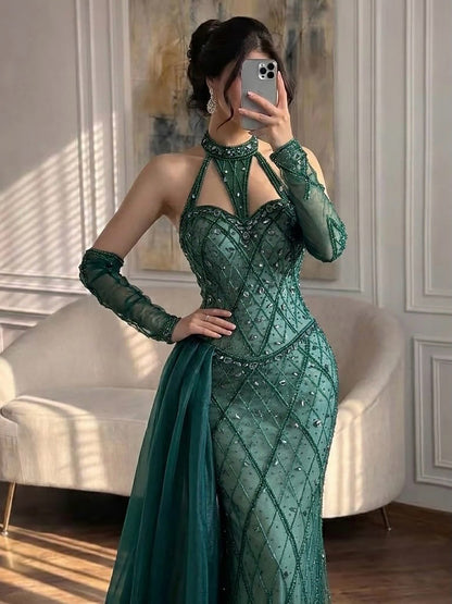 Luxury Green Halter Beaded Dubai Corset Evening Dress LA73322 SERENE HILL