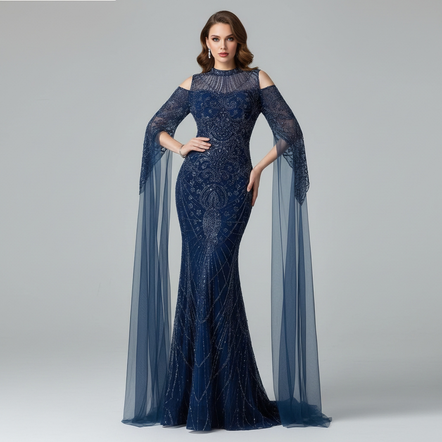 Luxury Dubai Navy Blue Beaded Lace Evening Dress with Cape Sleeves LA73323 - SERENE  HILL