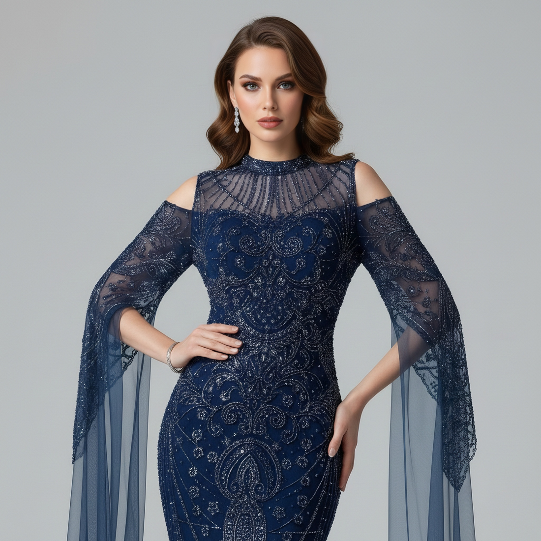 Luxury Dubai Navy Blue Beaded Lace Evening Dress with Cape Sleeves LA73323 - SERENE  HILL