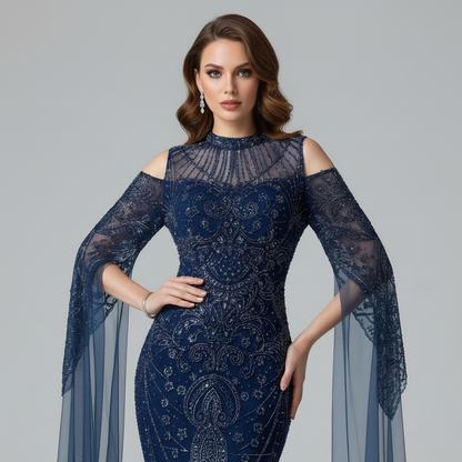 Luxury Dubai Navy Blue Beaded Lace Evening Dress with Cape Sleeves LA73323 - SERENE  HILL