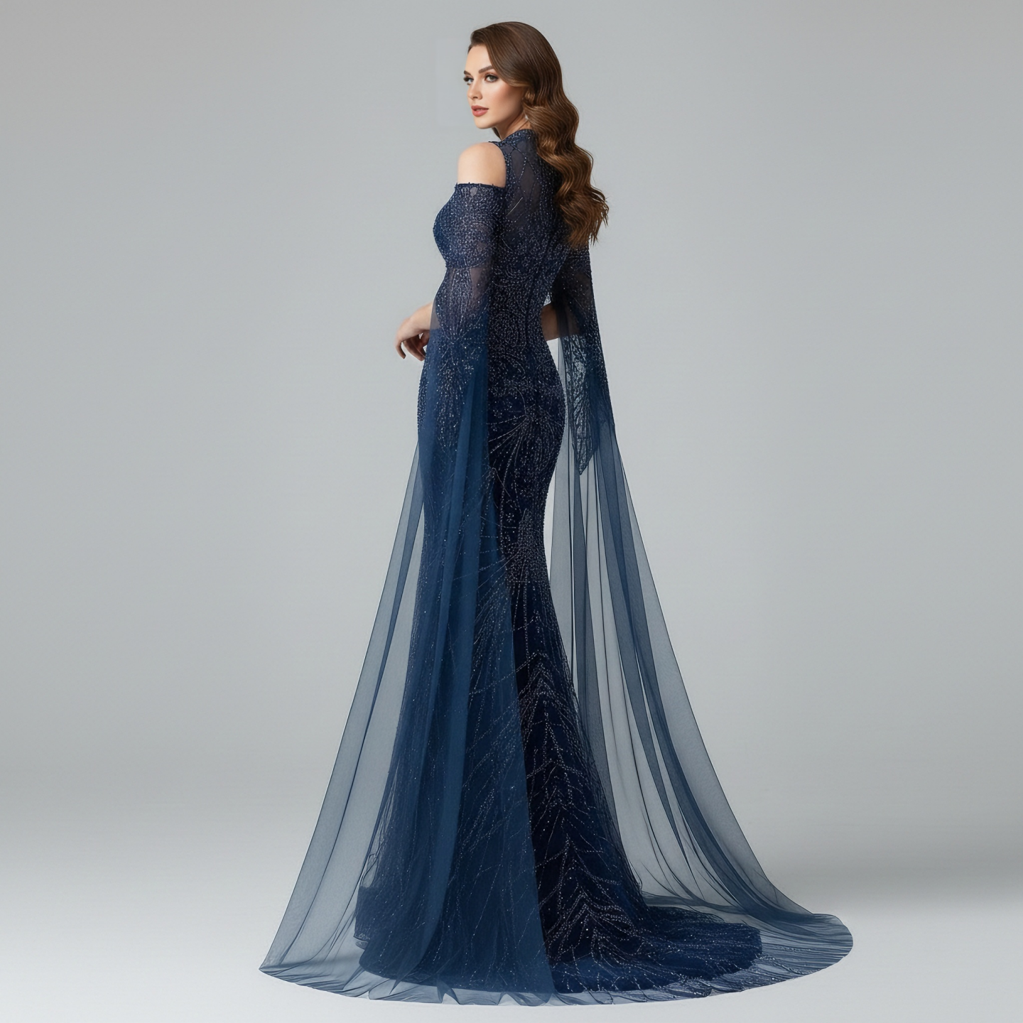 Luxury Dubai Navy Blue Beaded Lace Evening Dress with Cape Sleeves LA73323 - SERENE  HILL
