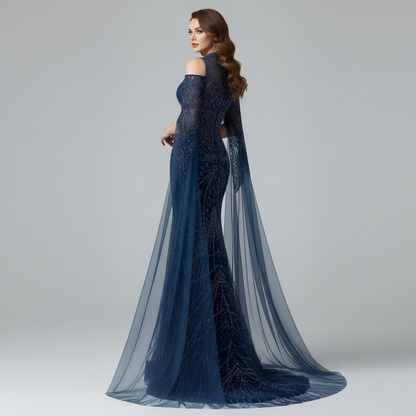 Luxury Dubai Navy Blue Beaded Lace Evening Dress with Cape Sleeves LA73323 - SERENE  HILL