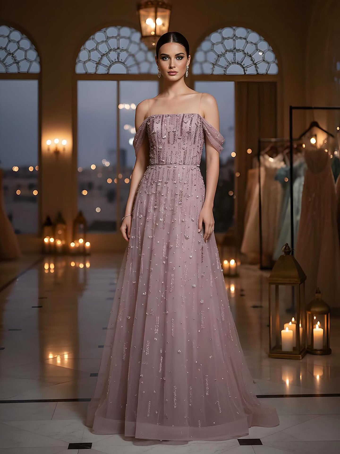 Luxury Arabic Pink Off Shoulder Beaded A-Line Evening Dress LA73326 - SERENE  HILL