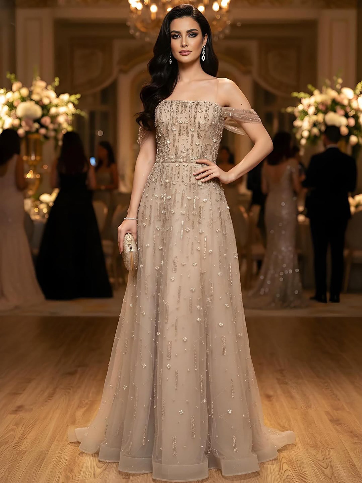 Luxury Arabic Pink Off Shoulder Beaded A-Line Evening Dress LA73326 - SERENE  HILL