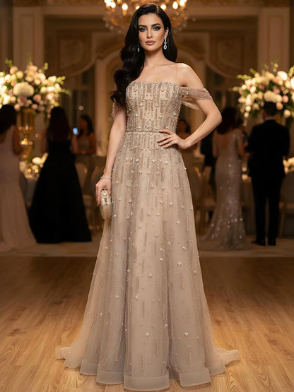 Luxury Arabic Pink Off Shoulder Beaded A-Line Evening Dress LA73326 - SERENE  HILL