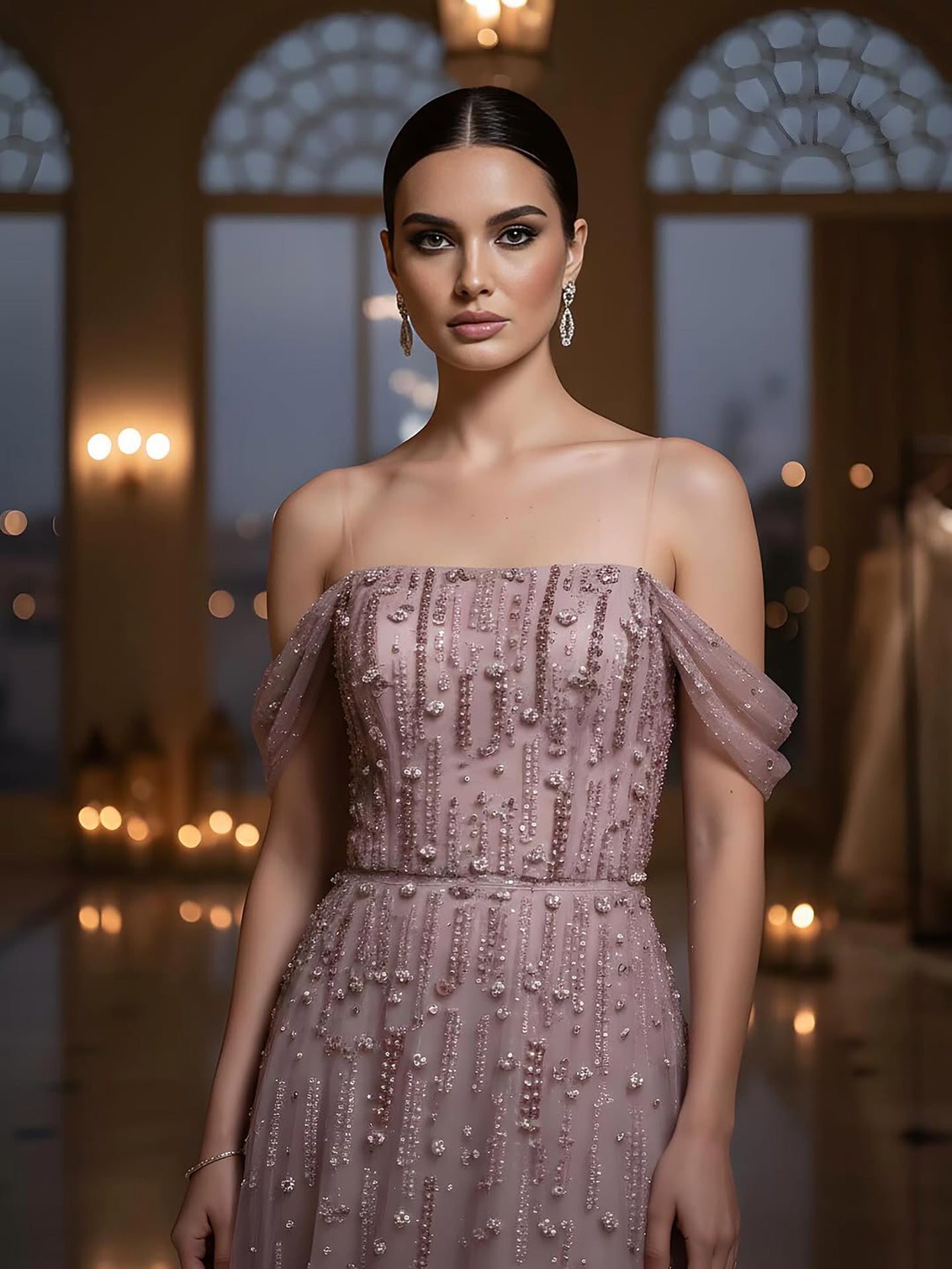 Luxury Arabic Pink Off Shoulder Beaded A-Line Evening Dress LA73326 - SERENE  HILL