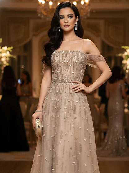 Luxury Arabic Pink Off Shoulder Beaded A-Line Evening Dress LA73326 - SERENE  HILL