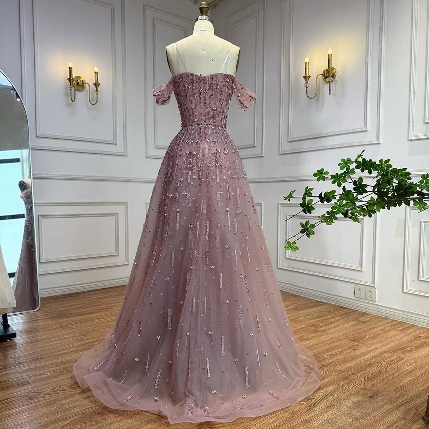 Luxury Arabic Pink Off Shoulder Beaded A-Line Evening Dress LA73326 - SERENE  HILL