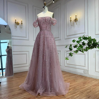 Luxury Arabic Pink Off Shoulder Beaded A-Line Evening Dress LA73326 - SERENE  HILL