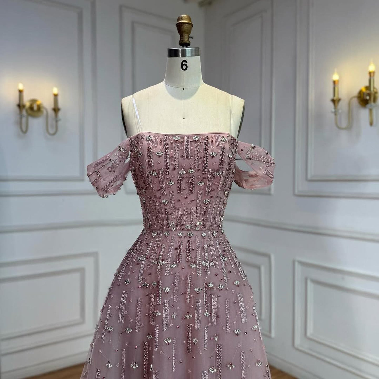 Luxury Arabic Pink Off Shoulder Beaded A-Line Evening Dress LA73326 - SERENE  HILL
