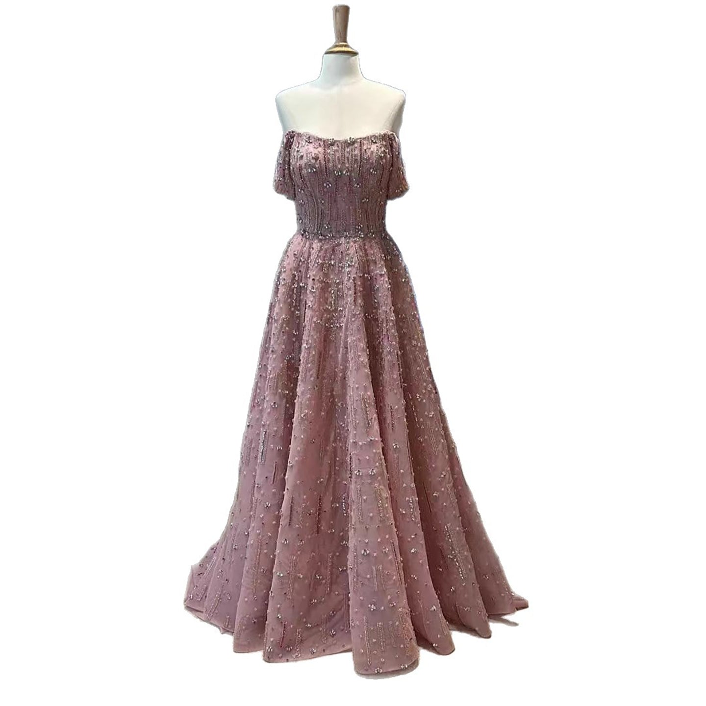 Luxury Arabic Pink Off Shoulder Beaded A-Line Evening Dress LA73326 - SERENE  HILL