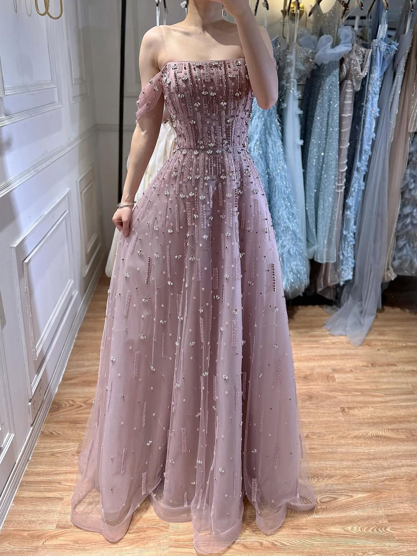 Luxury Arabic Pink Off Shoulder Beaded A-Line Evening Dress LA73326 - SERENE  HILL