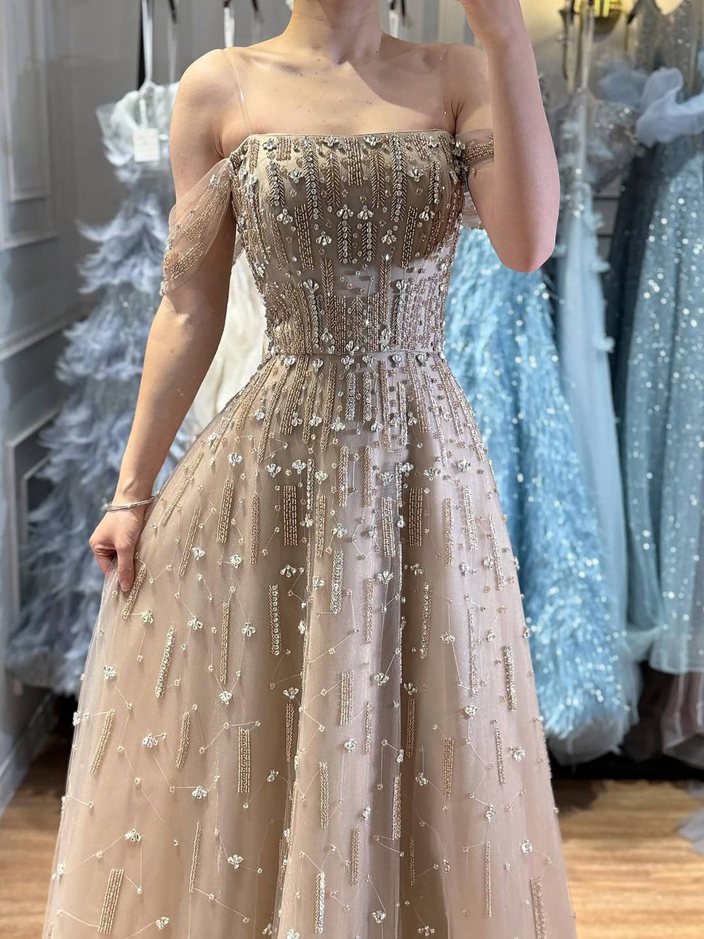 Luxury Arabic Pink Off Shoulder Beaded A-Line Evening Dress LA73326 - SERENE  HILL