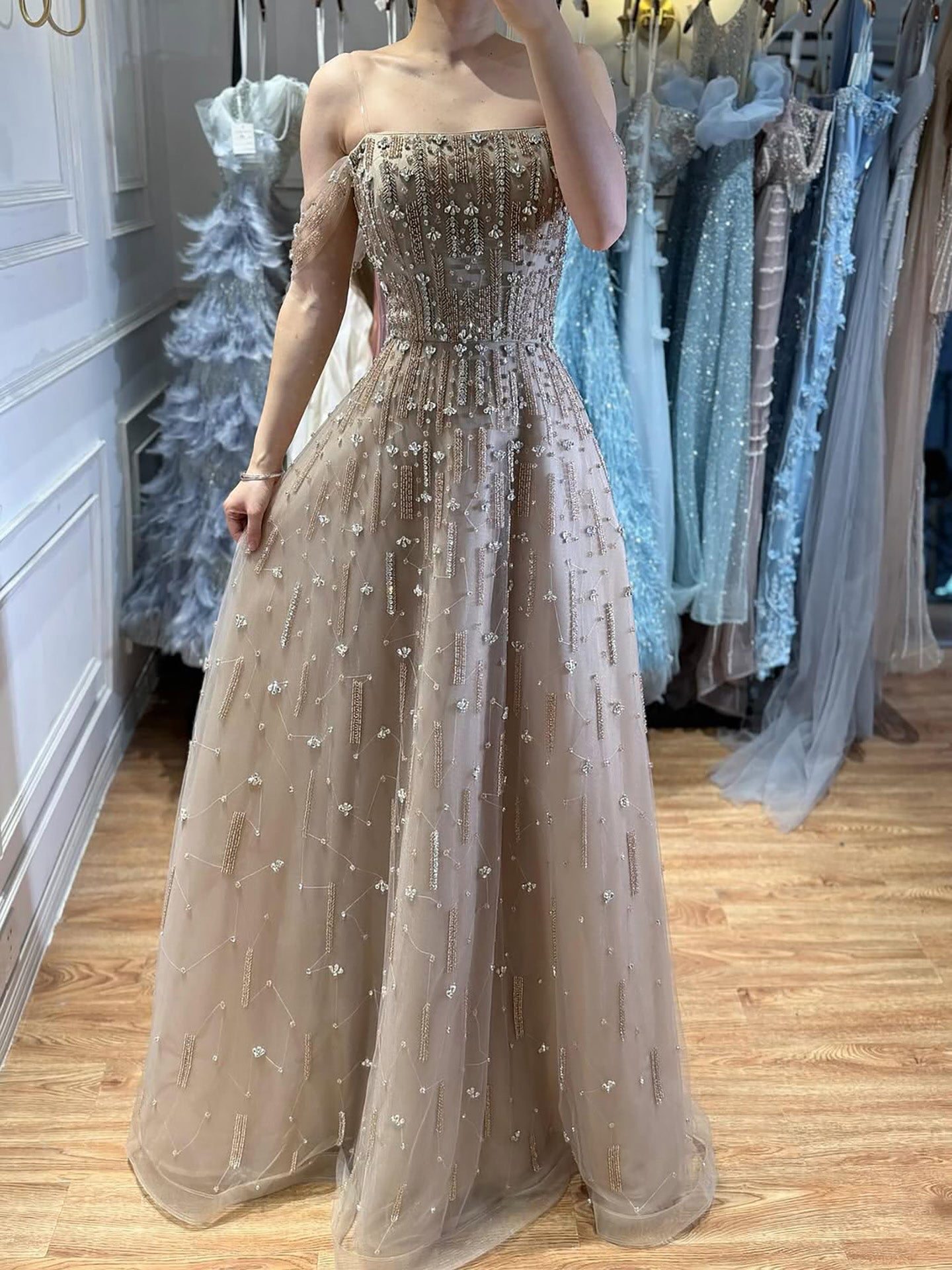Luxury Arabic Pink Off Shoulder Beaded A-Line Evening Dress LA73326 - SERENE  HILL