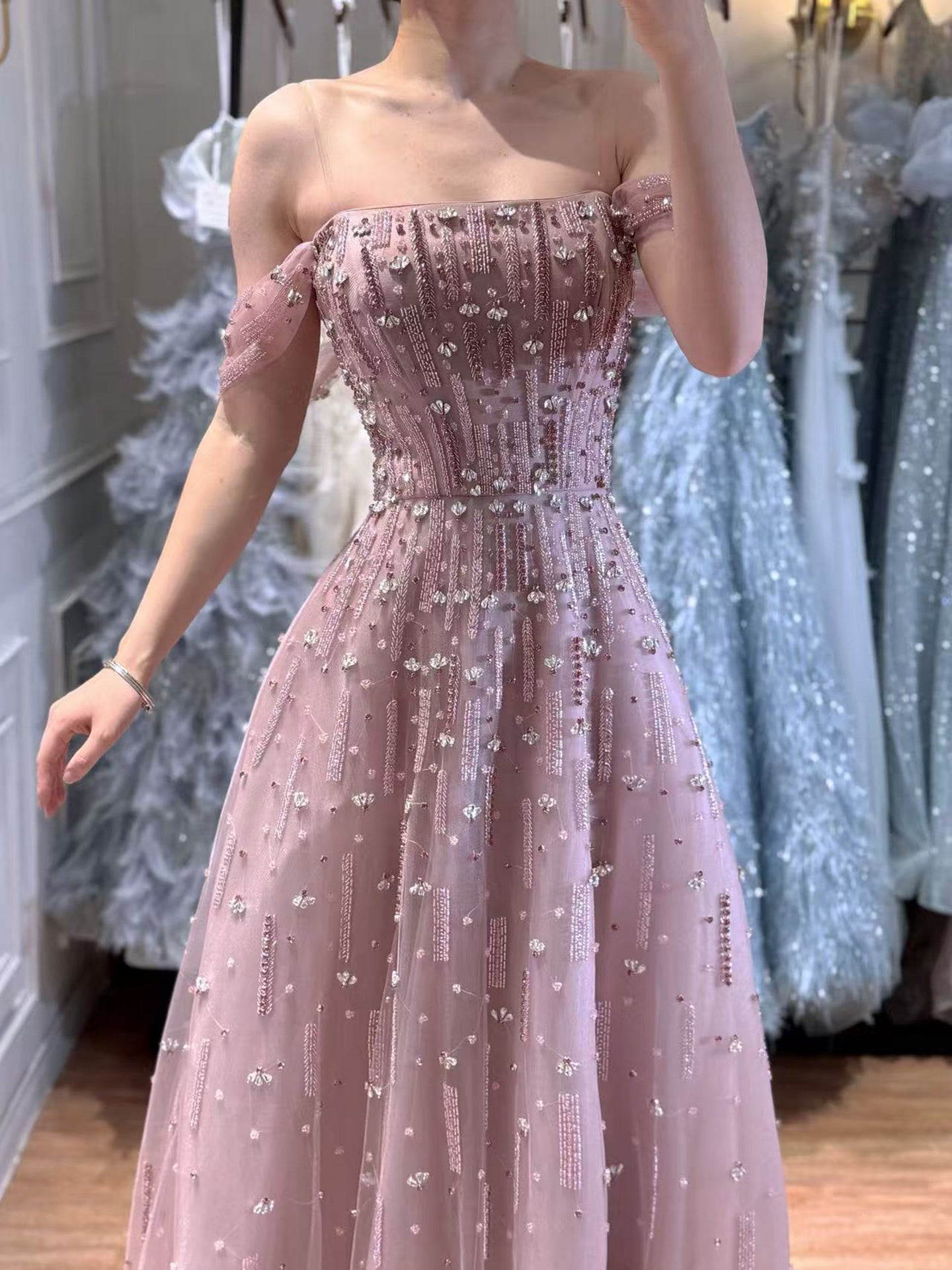 Luxury Arabic Pink Off Shoulder Beaded A-Line Evening Dress LA73326 - SERENE  HILL