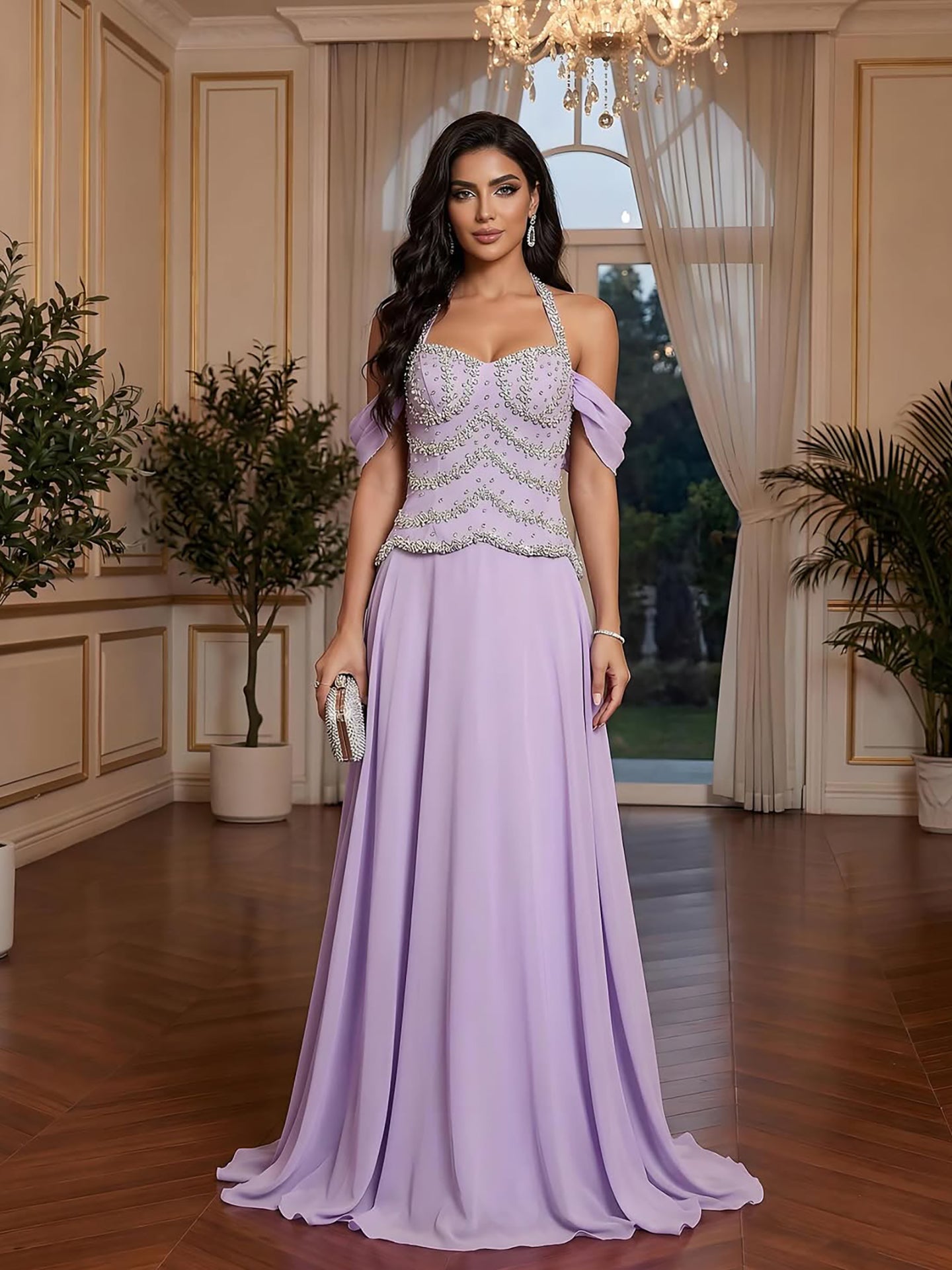 Luxury Arabic Lilac Chiffon Crystal Beaded A-Line Evening Dress LA73327 - SERENE  HILL