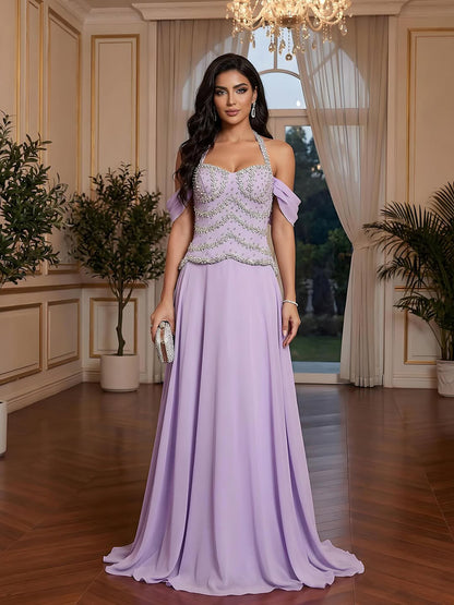 Luxury Arabic Lilac Chiffon Crystal Beaded A-Line Evening Dress LA73327 - SERENE  HILL