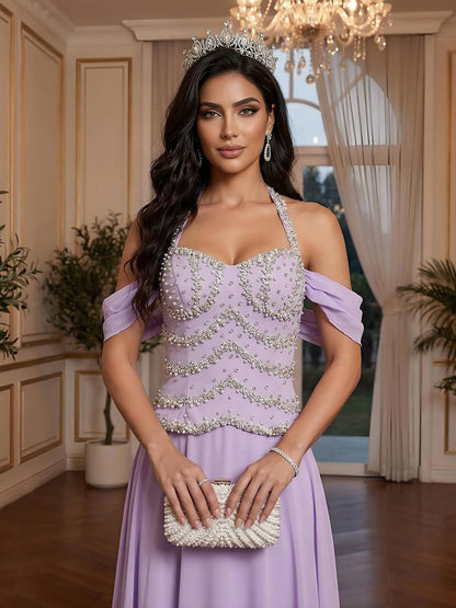 Luxury Arabic Lilac Chiffon Crystal Beaded A-Line Evening Dress LA73327 - SERENE  HILL
