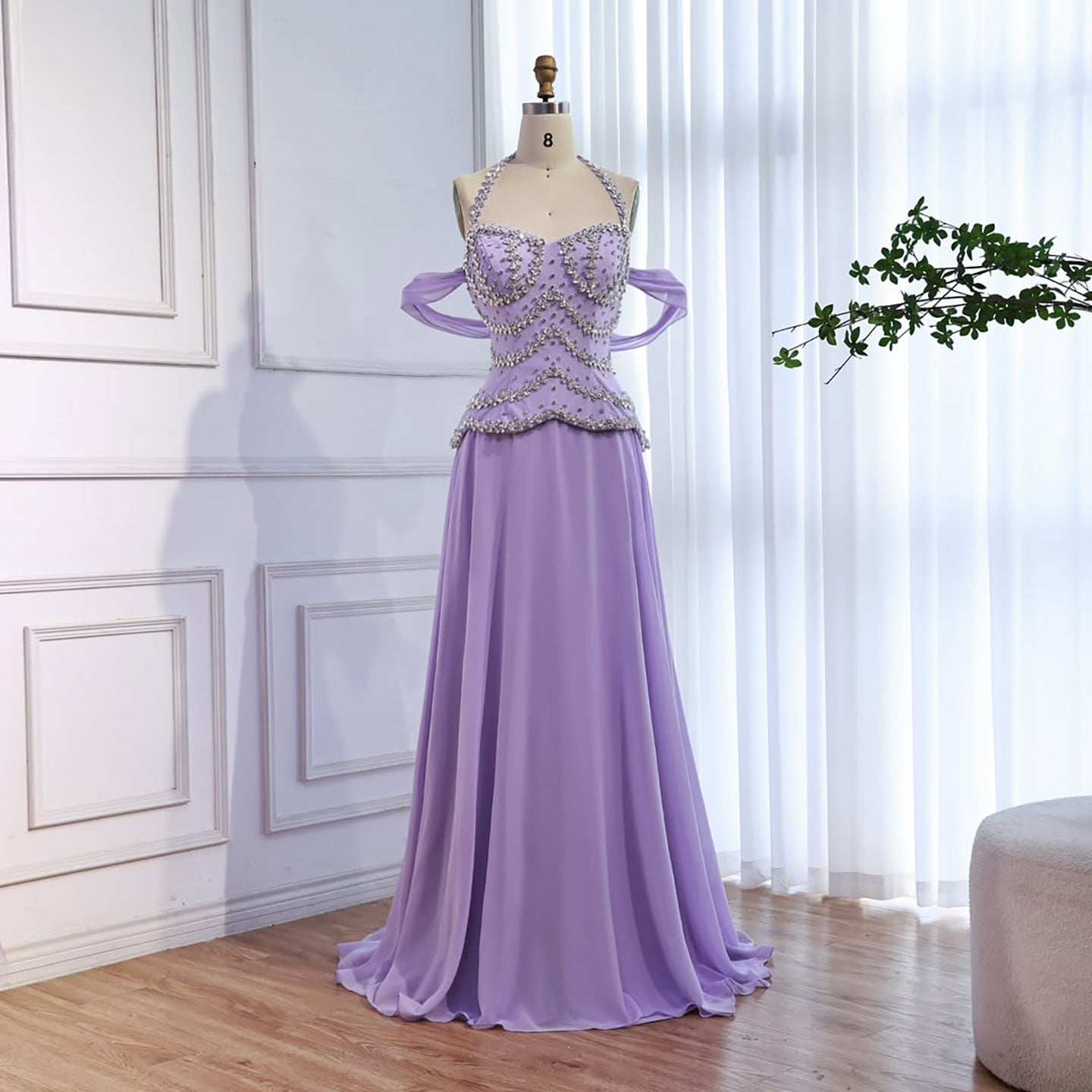 Luxury Arabic Lilac Chiffon Crystal Beaded A-Line Evening Dress LA73327 Lilac / 4